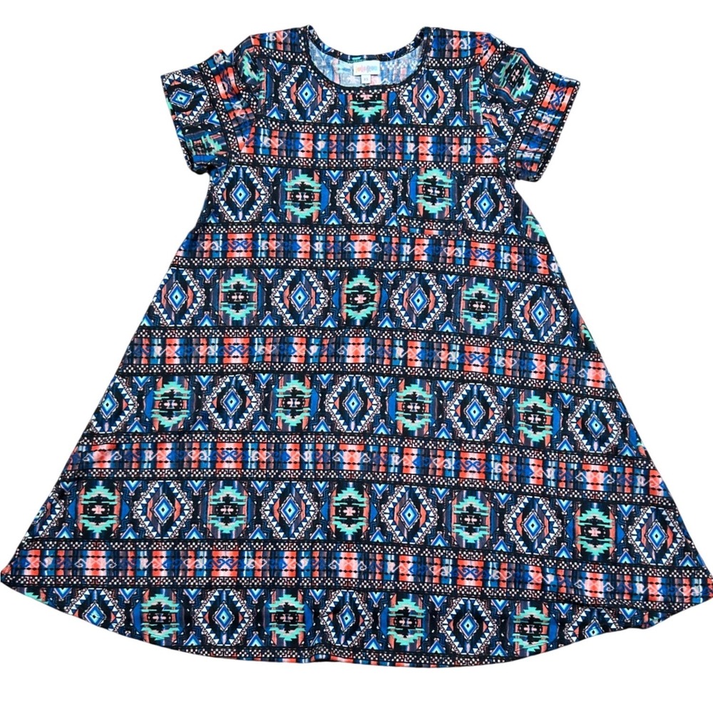LuLaRoe Carly Dress XS Womens Blue Orange Geometric Southwestern Tribal Print